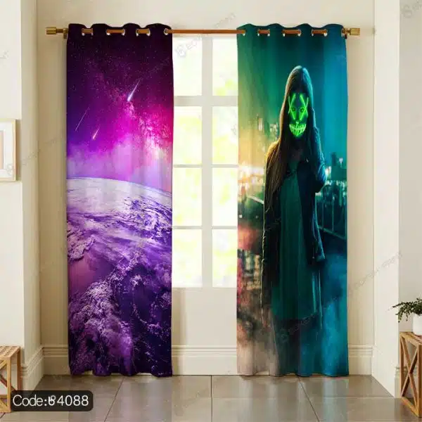 پرده طرح کهکشان و دختر ماسک دار نئون کد 4088