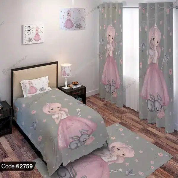 ست اتاق خواب اکسسوری طرح دختر و خرگوش کد 2759 با طراحی فانتزی و کودکانه، فضایی شیرین و دلنشین برای اتاق خواب ایجاد می‌کند.