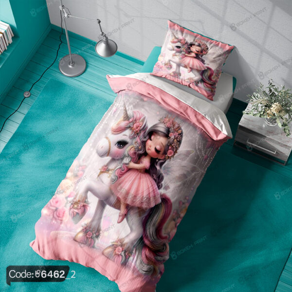 روتختی طرح دختر و اسب تک شاخ کد 2_6462 با طراحی فانتزی و رنگ‌های جذاب برای اتاق خواب دخترانه