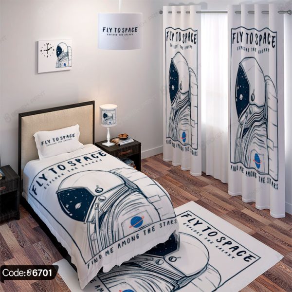 ست اتاق خواب اکسسوری طرح فضانورد کد 6701 شامل روتختی، پرده، کوسن و تابلو با طراحی فضایی و علمی