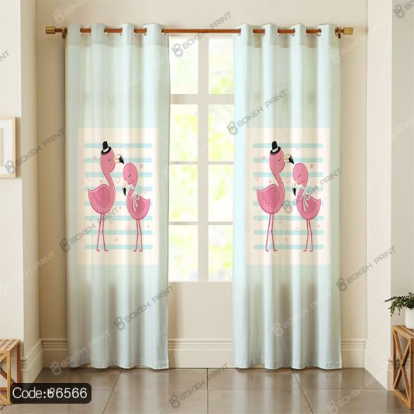 پرده سه‌بعدی فلامینگو با چاپ دیجیتال و رنگ‌های زنده – مدل 6566، مناسب برای دکوراسیون اتاق خواب با تم فانتزی