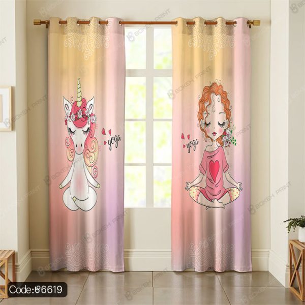 پرده طرح دختر خجالتی و یونیکرن کد 6619 مناسب اتاق کودک با طراحی فانتزی و رنگارنگ