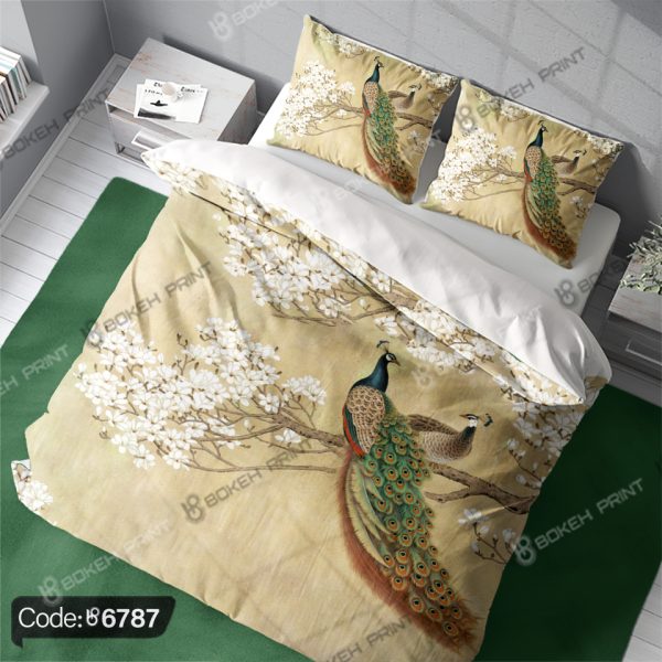 روتختی طرح طاووس کد 6787 با دو طاووس (نر و ماده) روی زمینه کرم قهوه‌ای روشن، طراحی سنتی ایرانی به سبک نقاشی‌های قدیمی