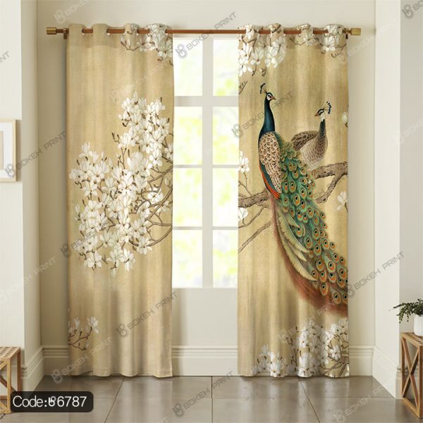 پرده طرح طاووس کد 6787 با دو طاووس (نر و ماده) روی زمینه کرم قهوه‌ای روشن، طراحی سنتی به سبک نقاشی‌های قدیمی ایرانی