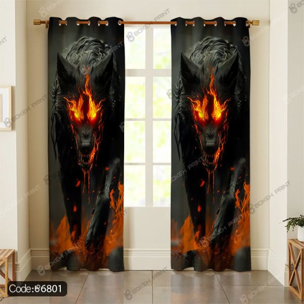 پرده طرح گرگ سیاه Black Wolf کد 6801 با طراحی مدرن و پرجزئیات و رنگ‌بندی تاریک
